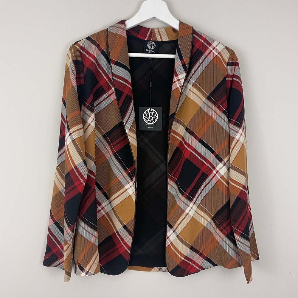 Bobeau Petite Rust Tartan Plaid Light Open Front Blazer Jacket